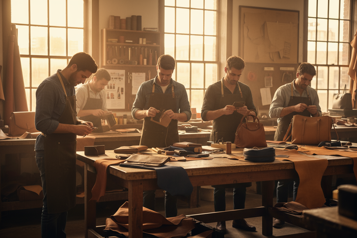 leather and wallets and handbags with men working for it